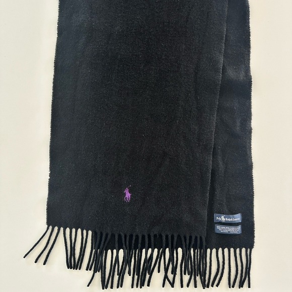 Polo by Ralph Lauren Accessories - Polo Ralph Lauren Scarf Unisex Black Lambswool Purple Pony Fringe Italy Luxury